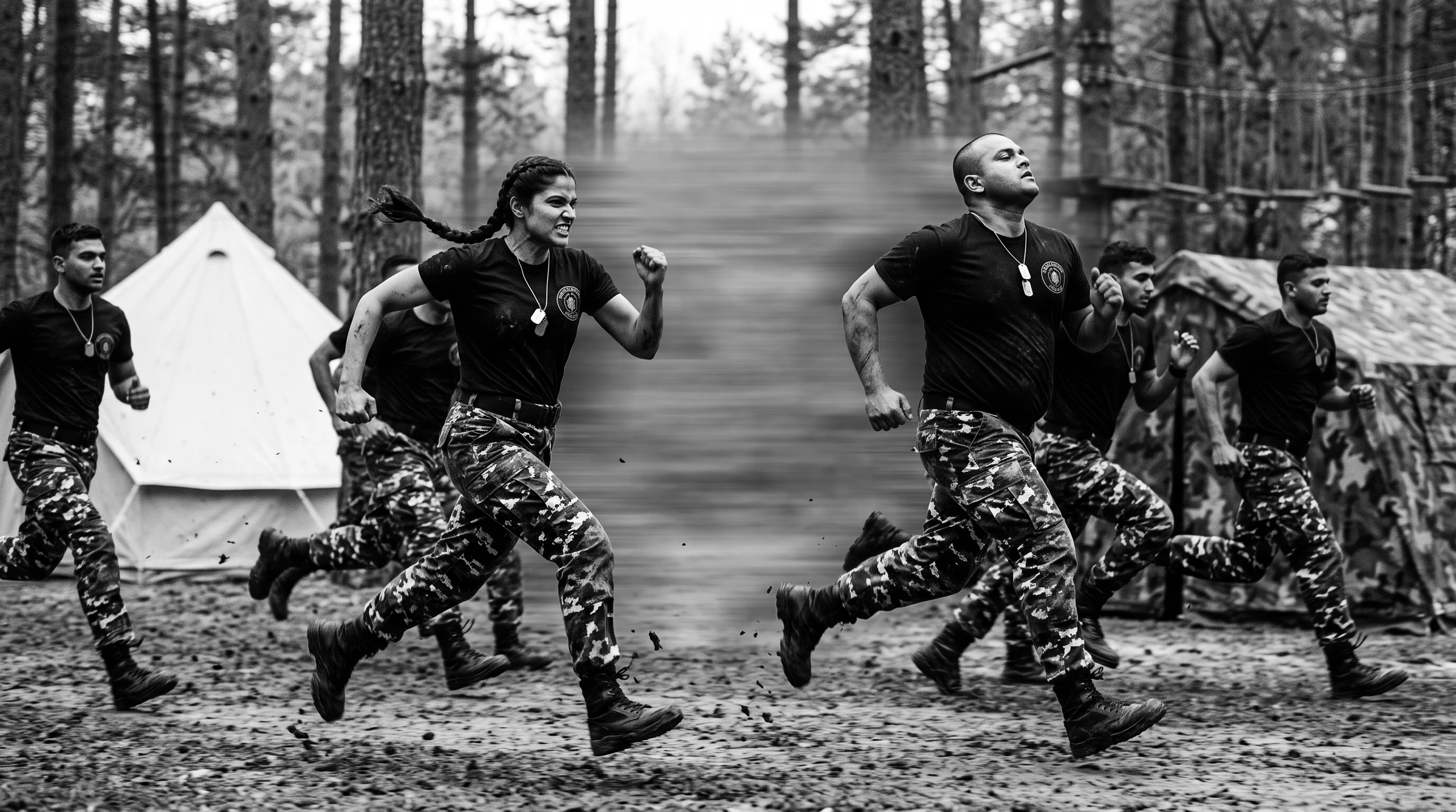 Recruits in black OperationForgeX tees, grey-and-white camo trousers and dog tags sprinting through the forest camp past the canvas tents