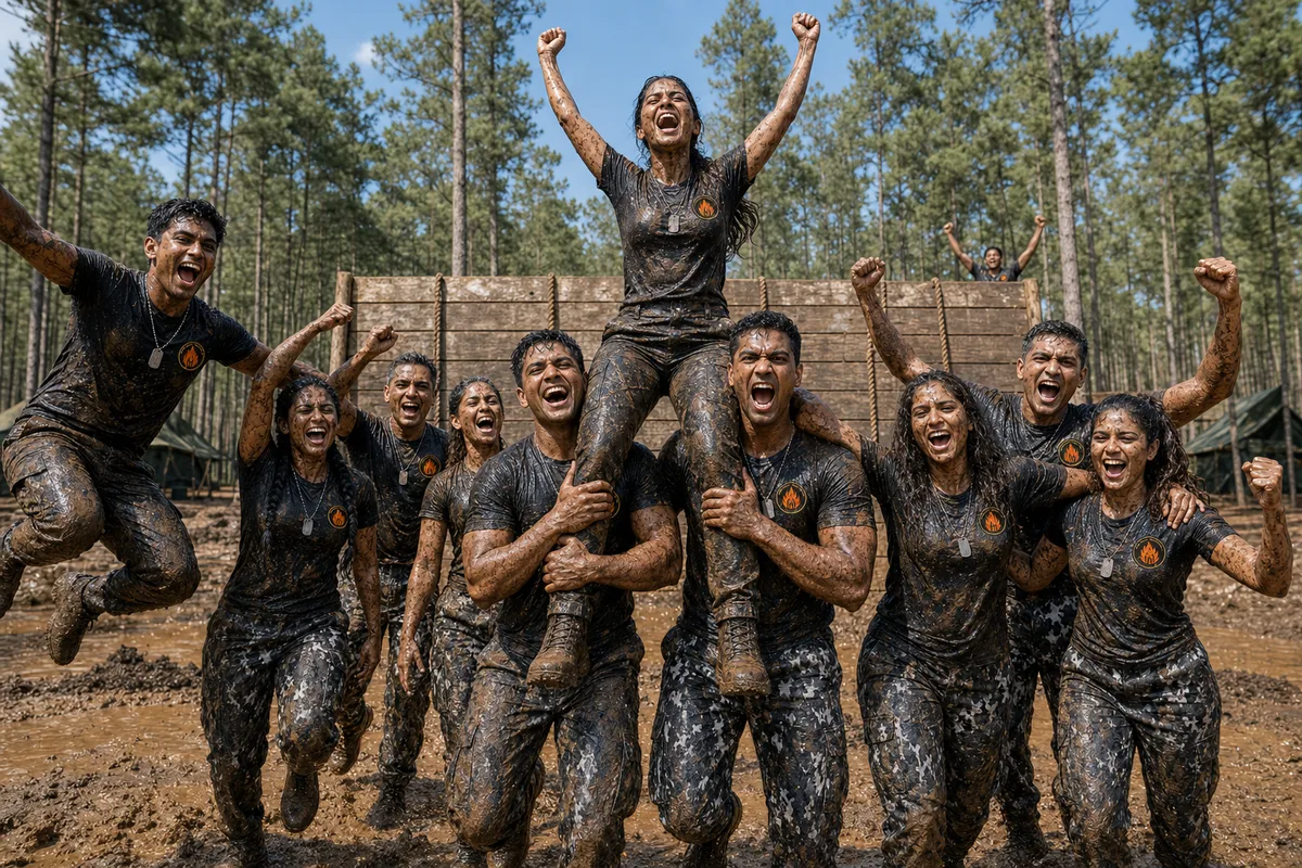 An OperationForgeX platoon celebrating together after an outdoor field challenge