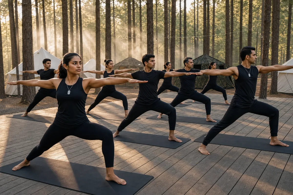 Recruits in black yoga wear holding warrior pose at sunrise on the timber deck, mist and gold light in the pines behind the tents