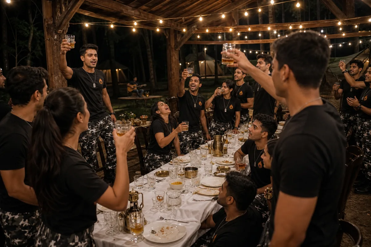 Officers’ Mess Night in the timber pavilion, one long white-linen table under strings of warm bulbs with the cohort on its feet on both sides for the toast